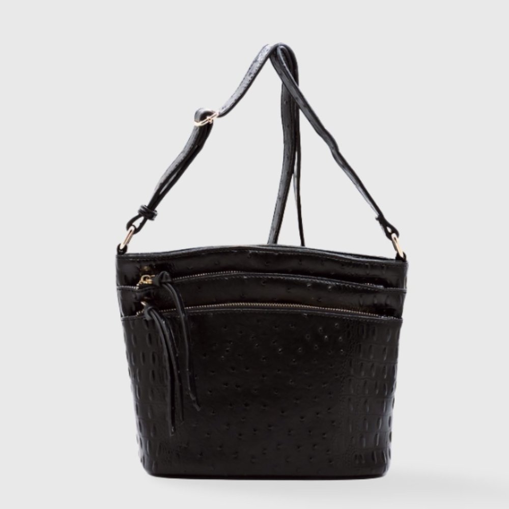 Ostrich Croc Multi Zip Pocket Crossbody Bag